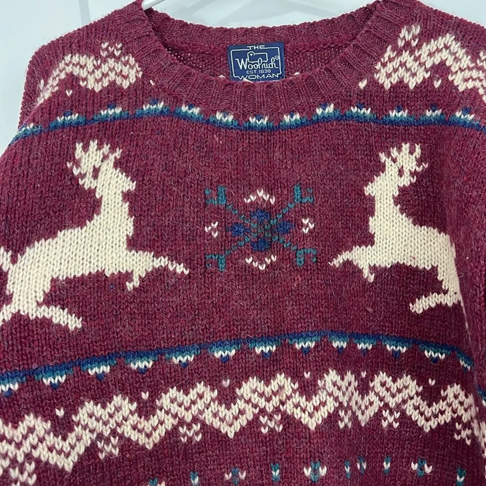 The Woolrich Vintage Large Wool Mohair Maroon Knit Reindeer Fair Isle Sweater - Picture 5 of 10